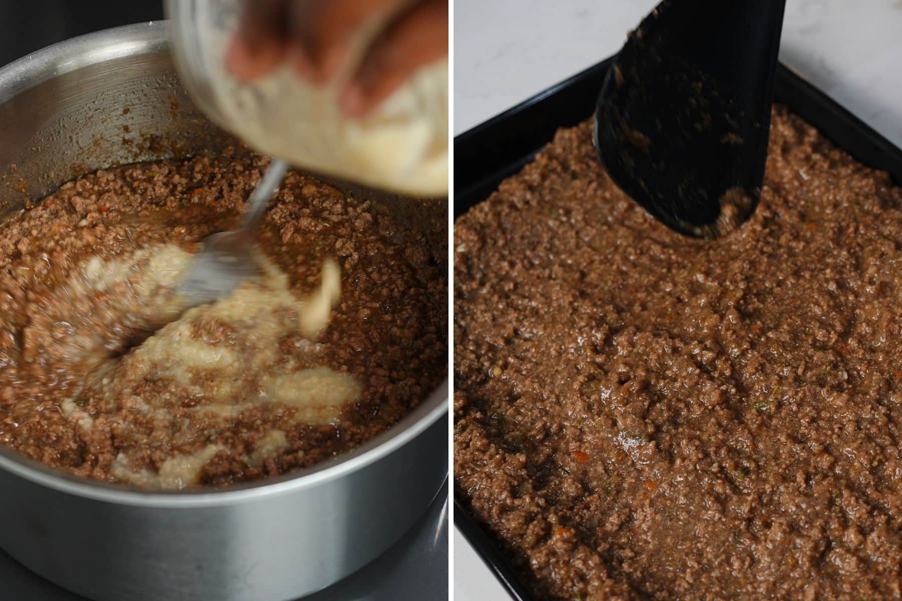 breadcrumbs and water going into beef filling and beef filling being spread on sheet pan