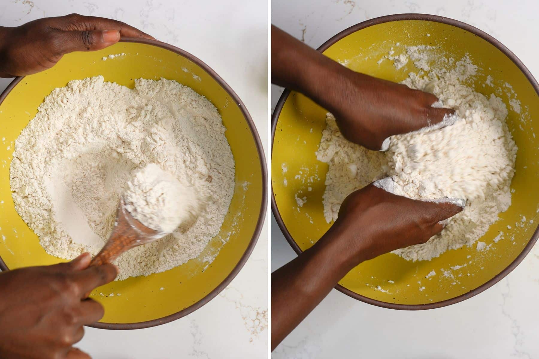 Collage of flour ingredients in a bowl being mixed, as well as hands mixing butter into the flour mixture