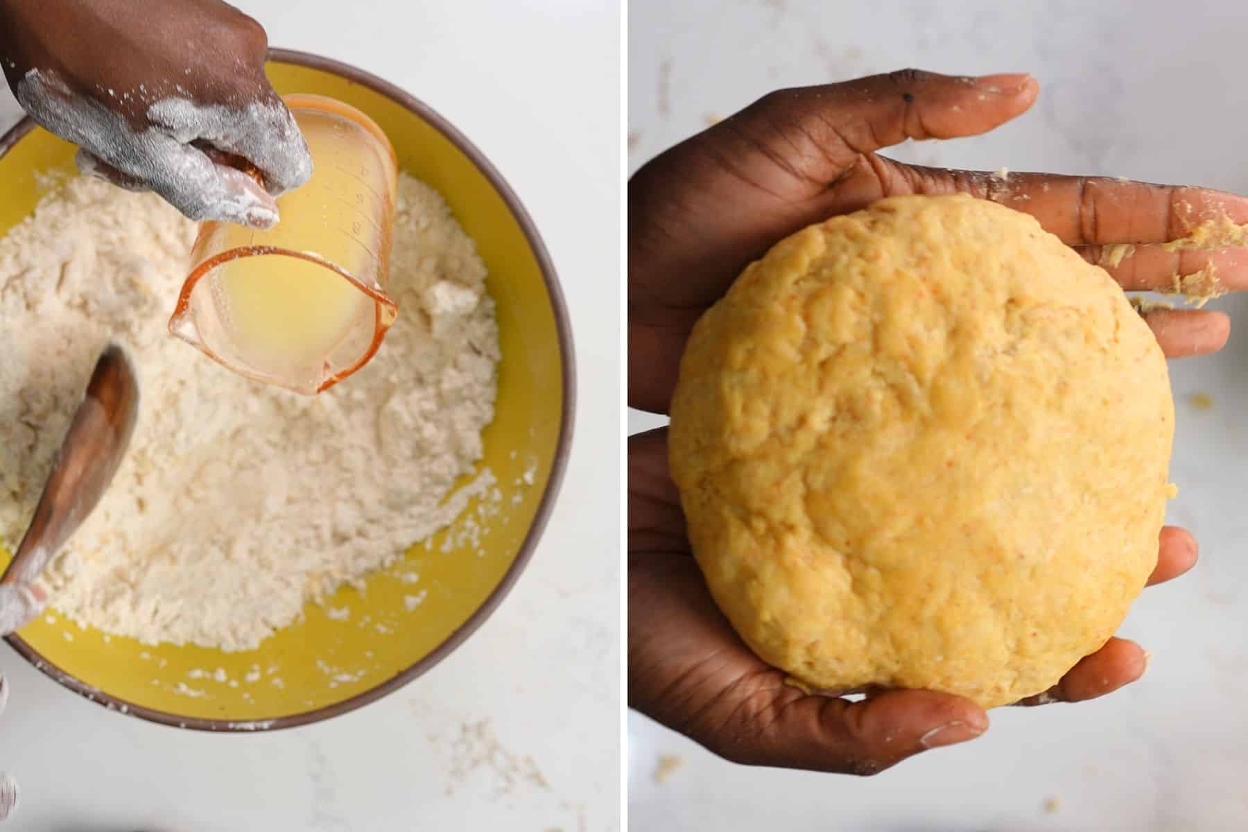 Collage of liquid being poured into flour mixture and dough ball being created