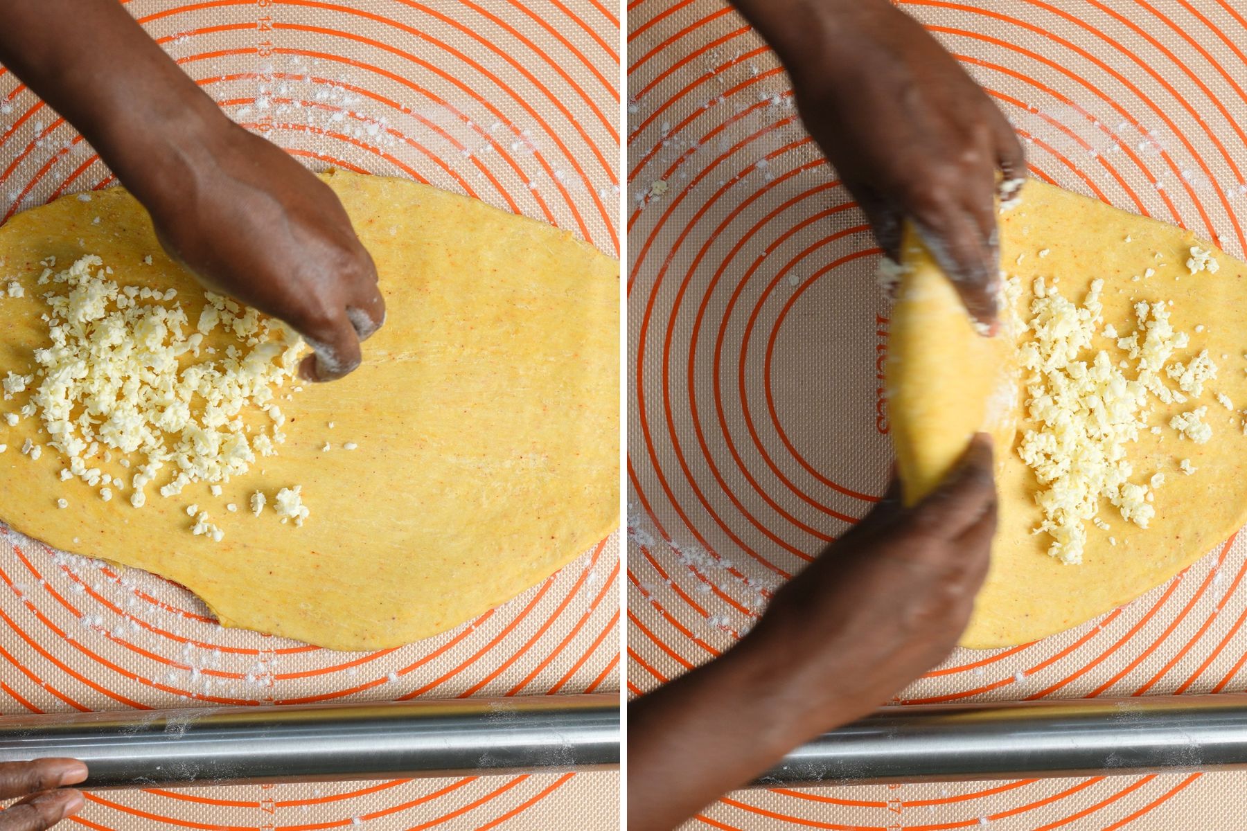 Lots of grated butter being placed onto flattened dough and dough being folded over