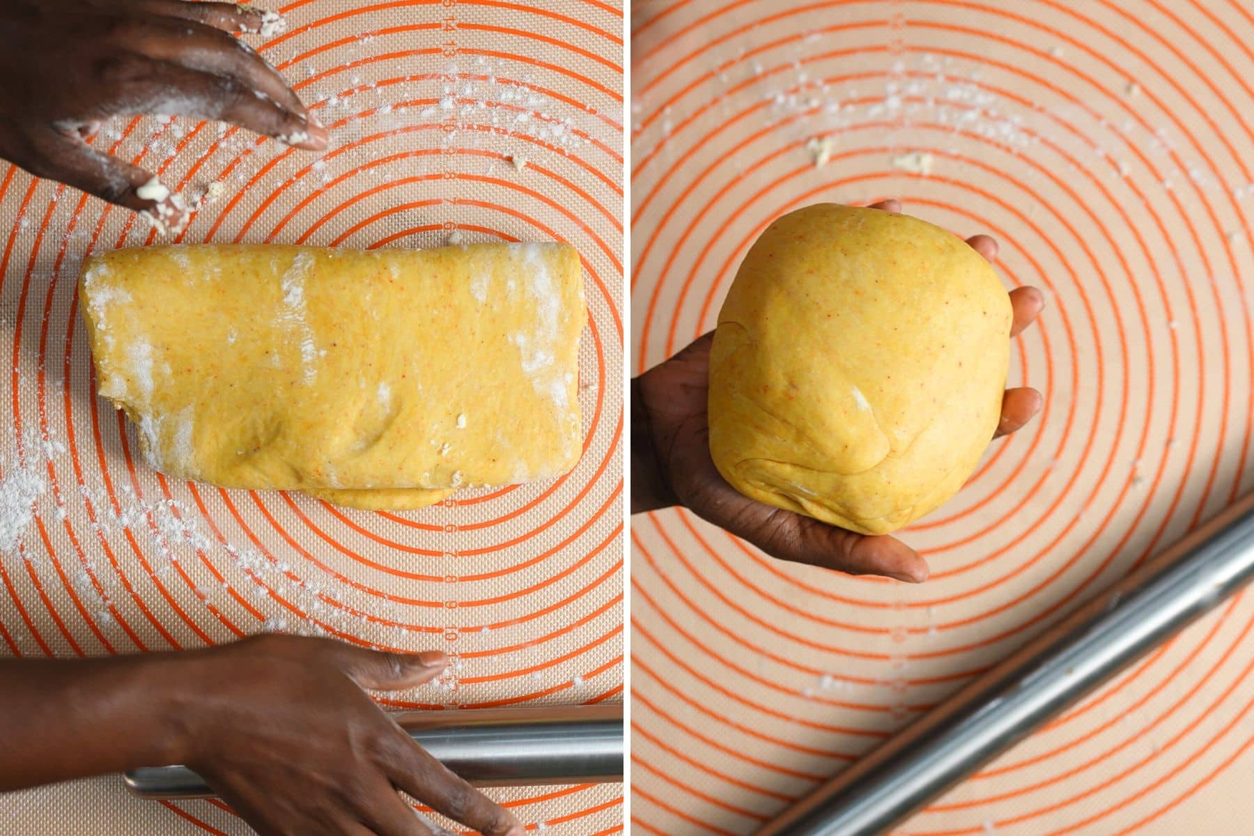 Collage of dough being folded and rolled into a ball.