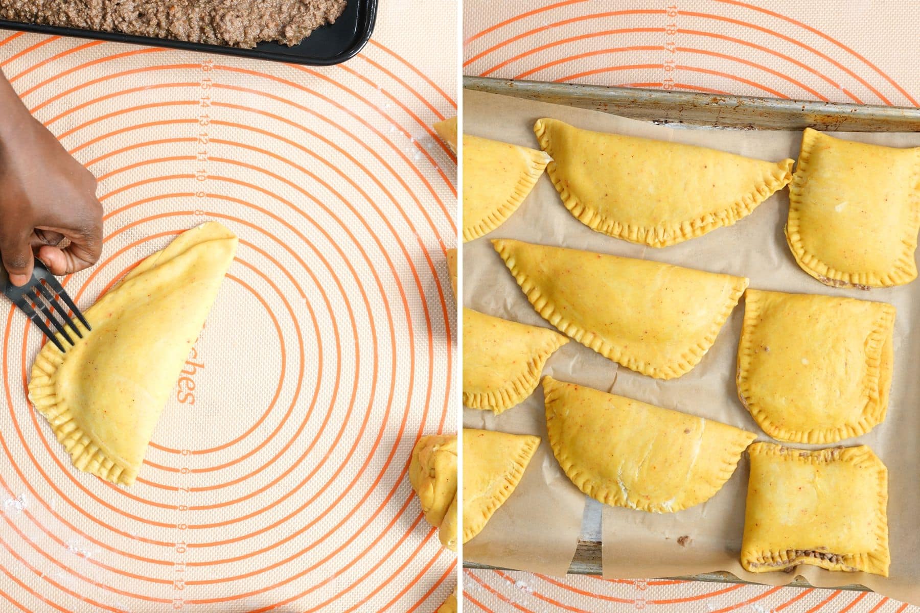 collage of patty being crimped with fork and beef patties on sheet pan