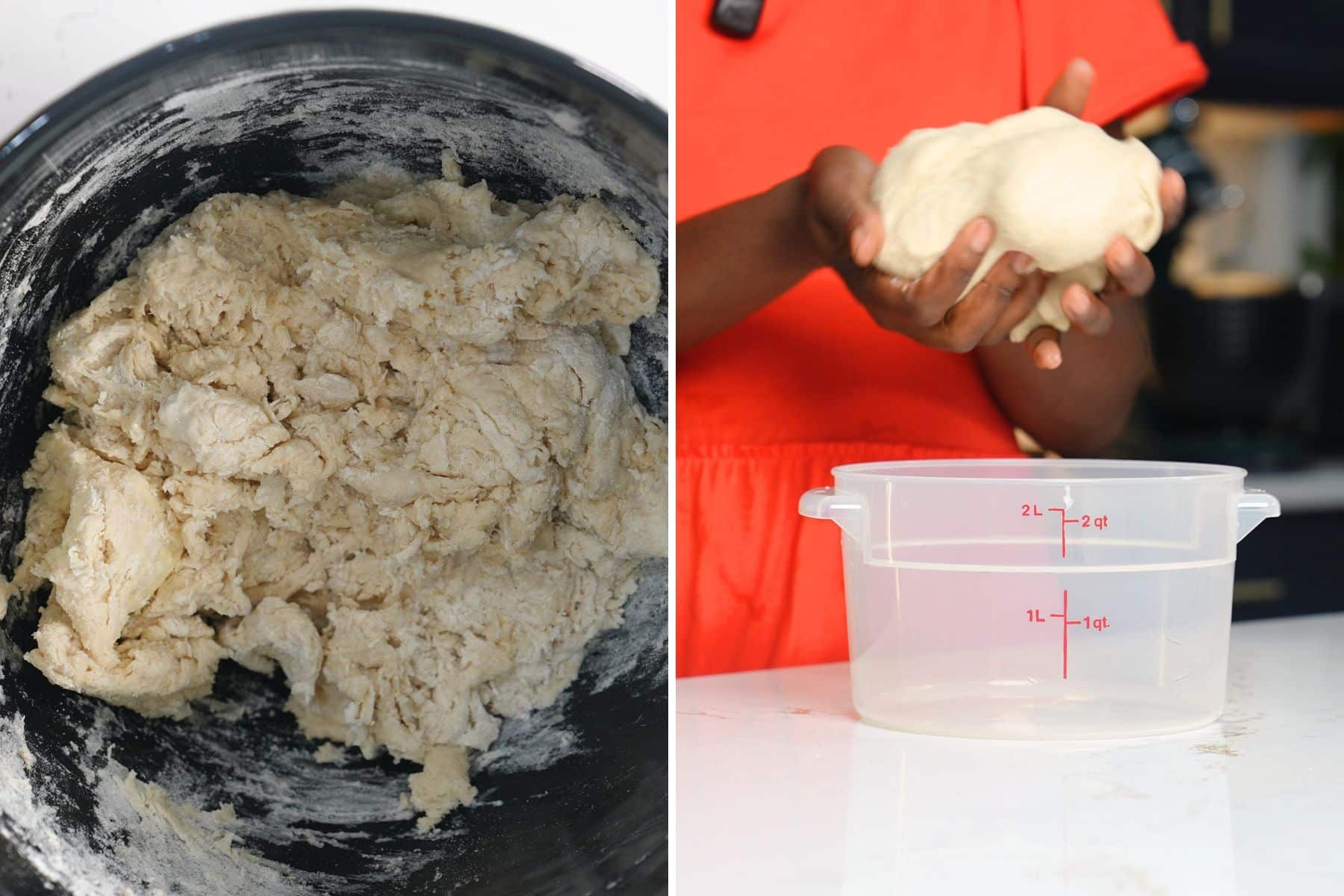 Collage of dough in KitchenAid bowl as well as hand holding combined dough ball