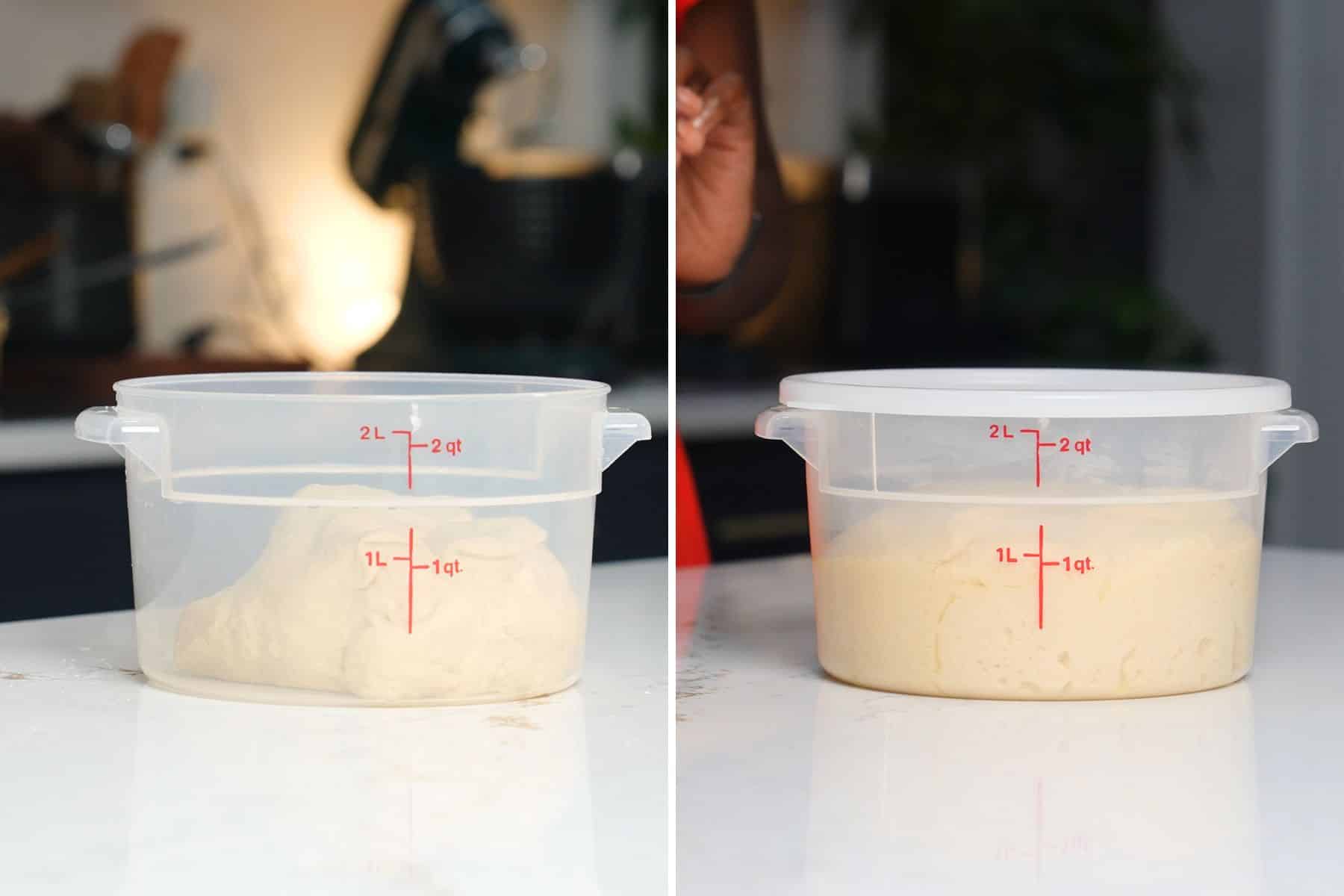 collage before of coco bread dough in plastic bucket and after in plastic bucket