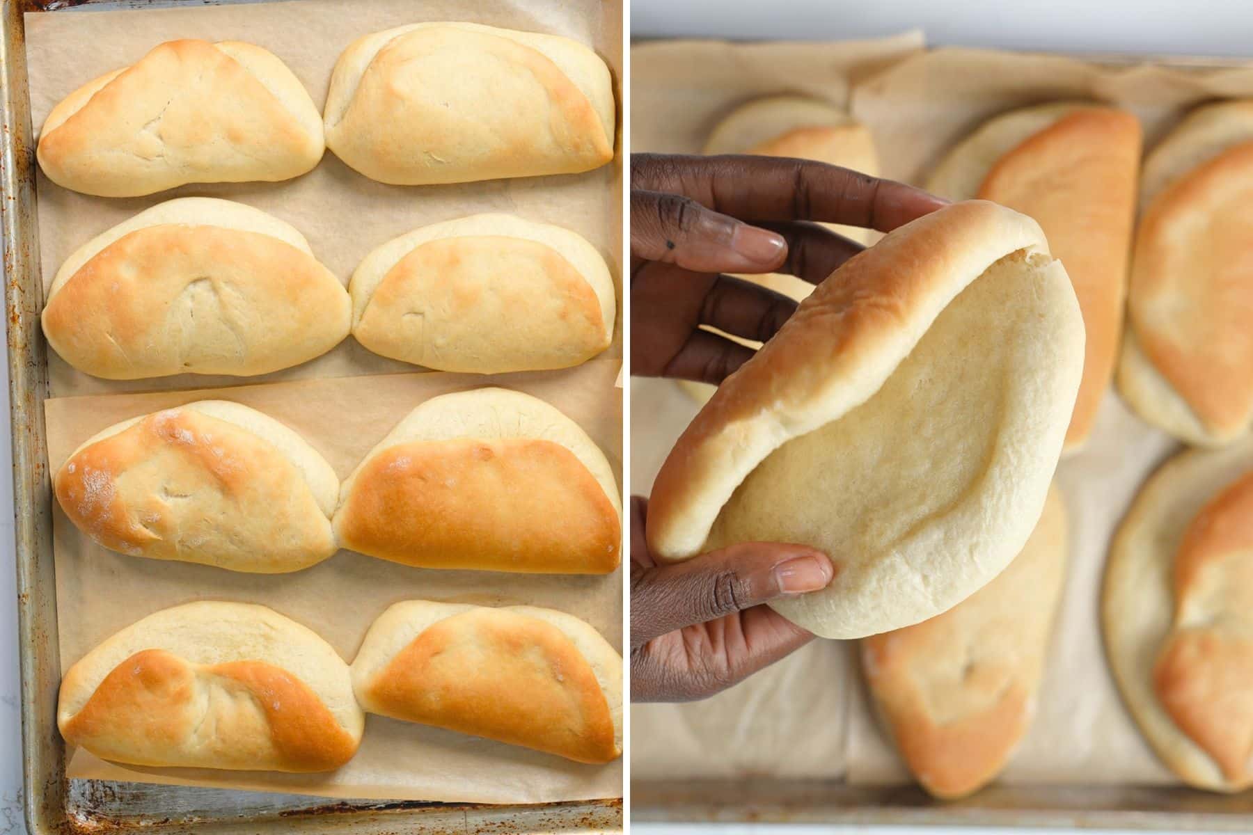 Collage of baked coco bread dough on the left and right hand opening baked coco bread