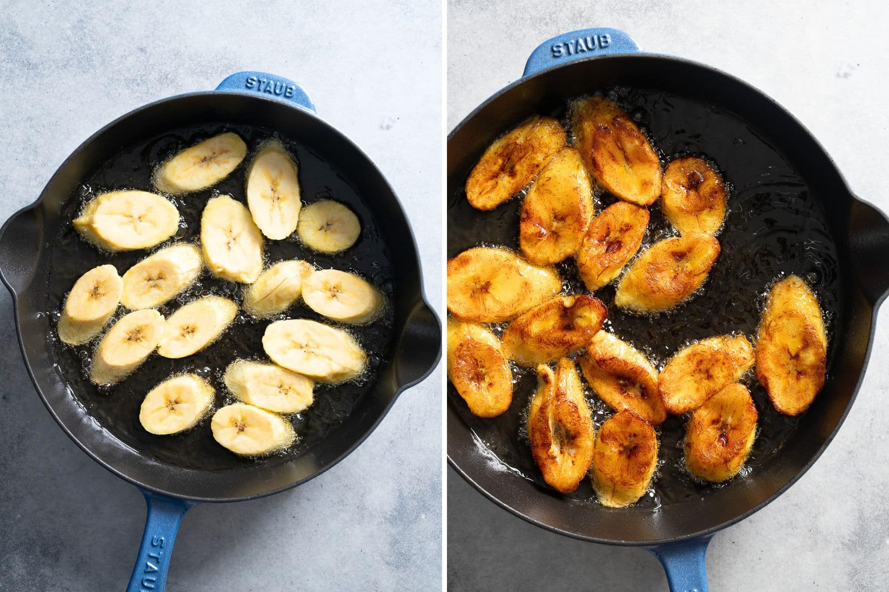 collage of plantains frying in skillet