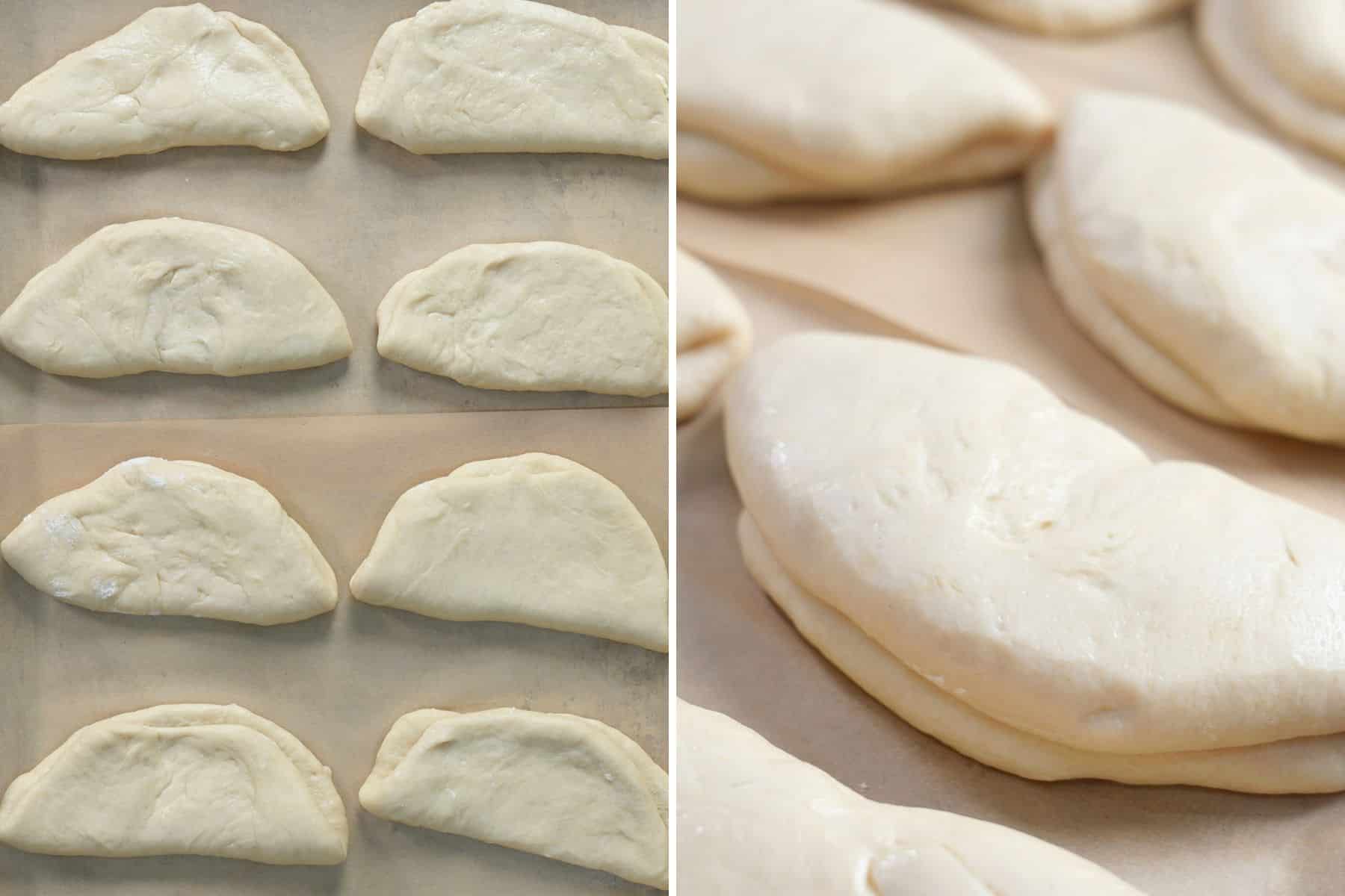 collage of coco bread dough on sheet pan on write, on left coco bread dough after second rise