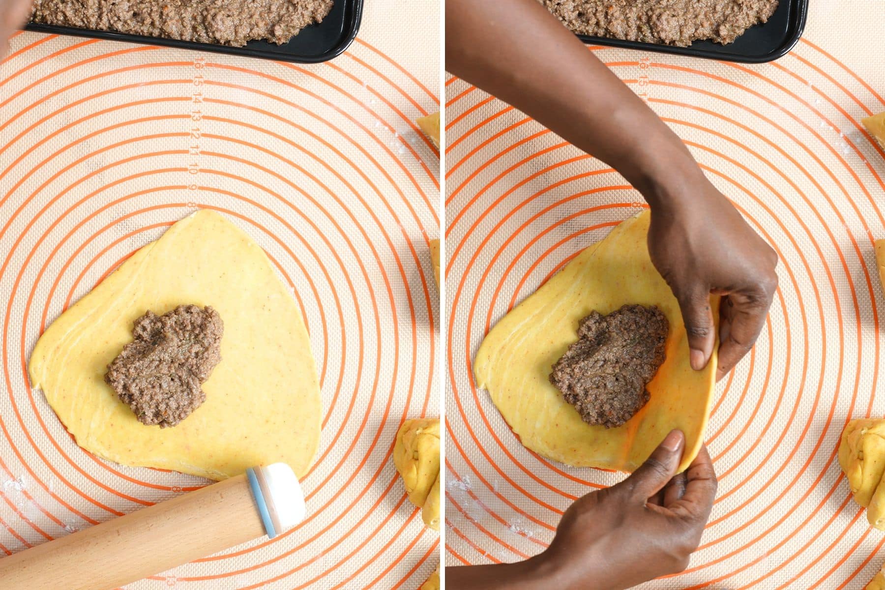 hand rolling a beef patty up. a collage showing these steps