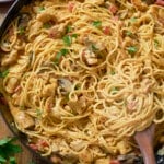 chicken spaghetti in skillet with spoon
