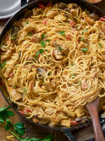 chicken spaghetti in skillet with spoon
