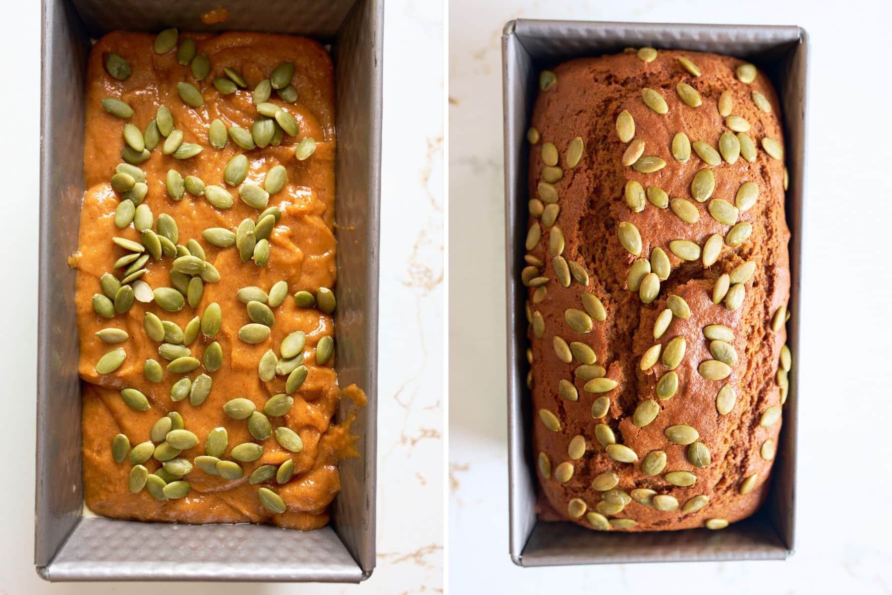 before and after of making pumpkin bread batter