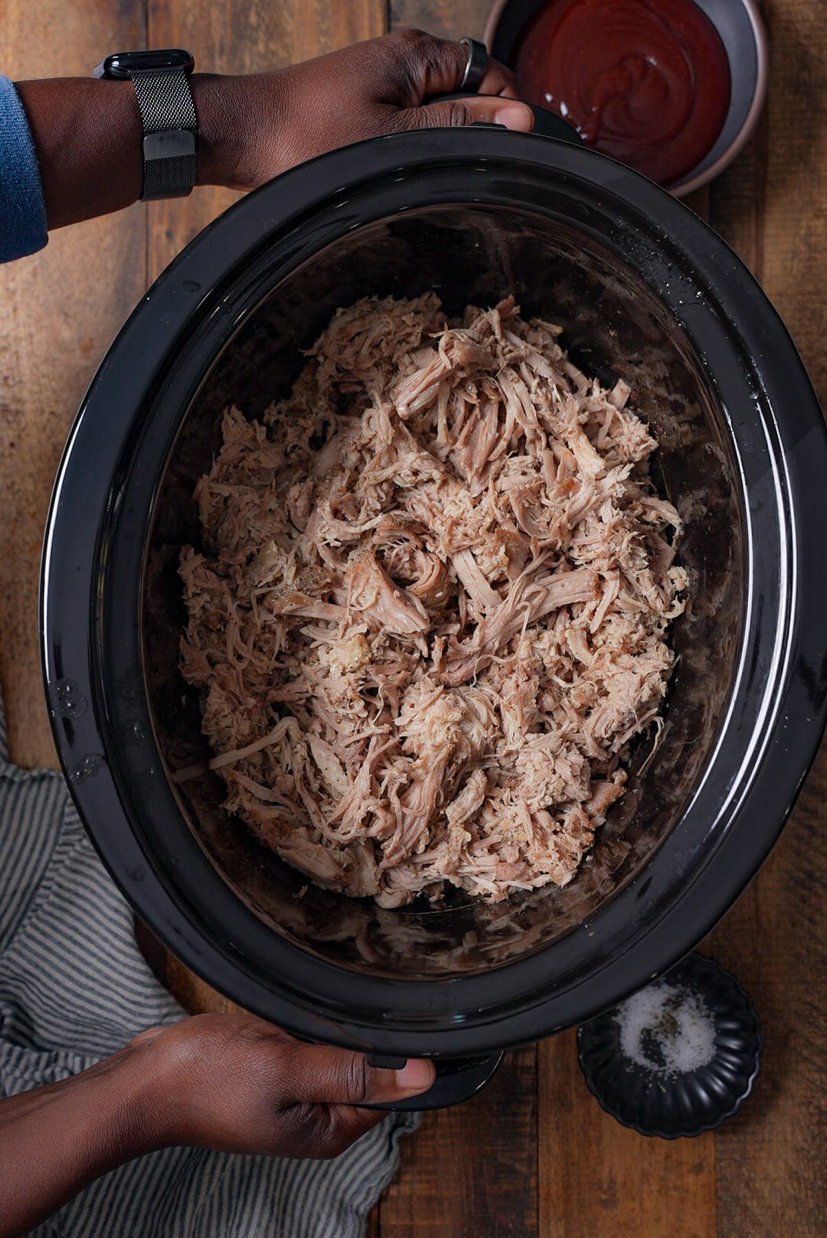 pulled pork inside of slow cooker insert