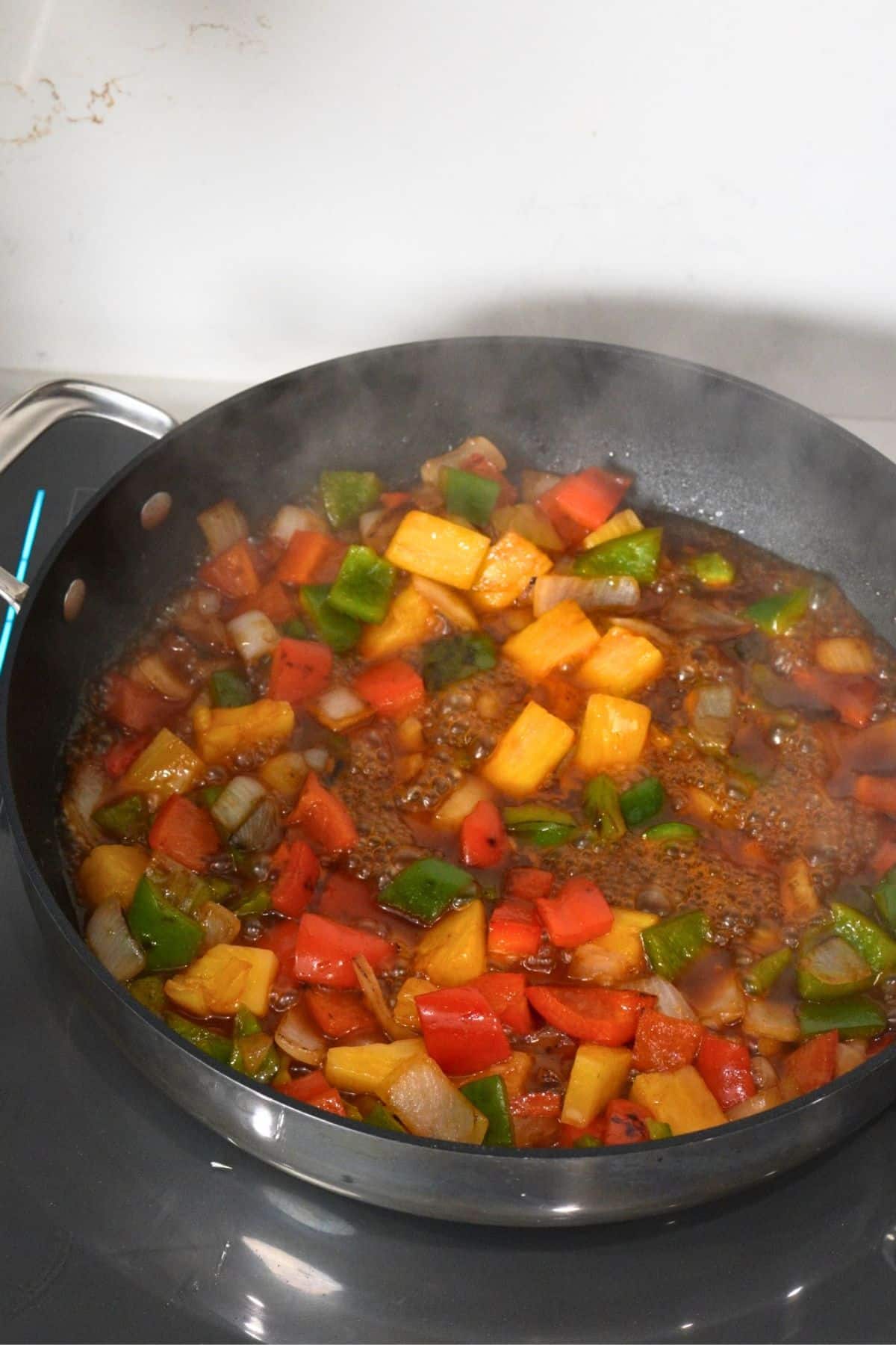 sauce for the sweet and sour chicken in skillet