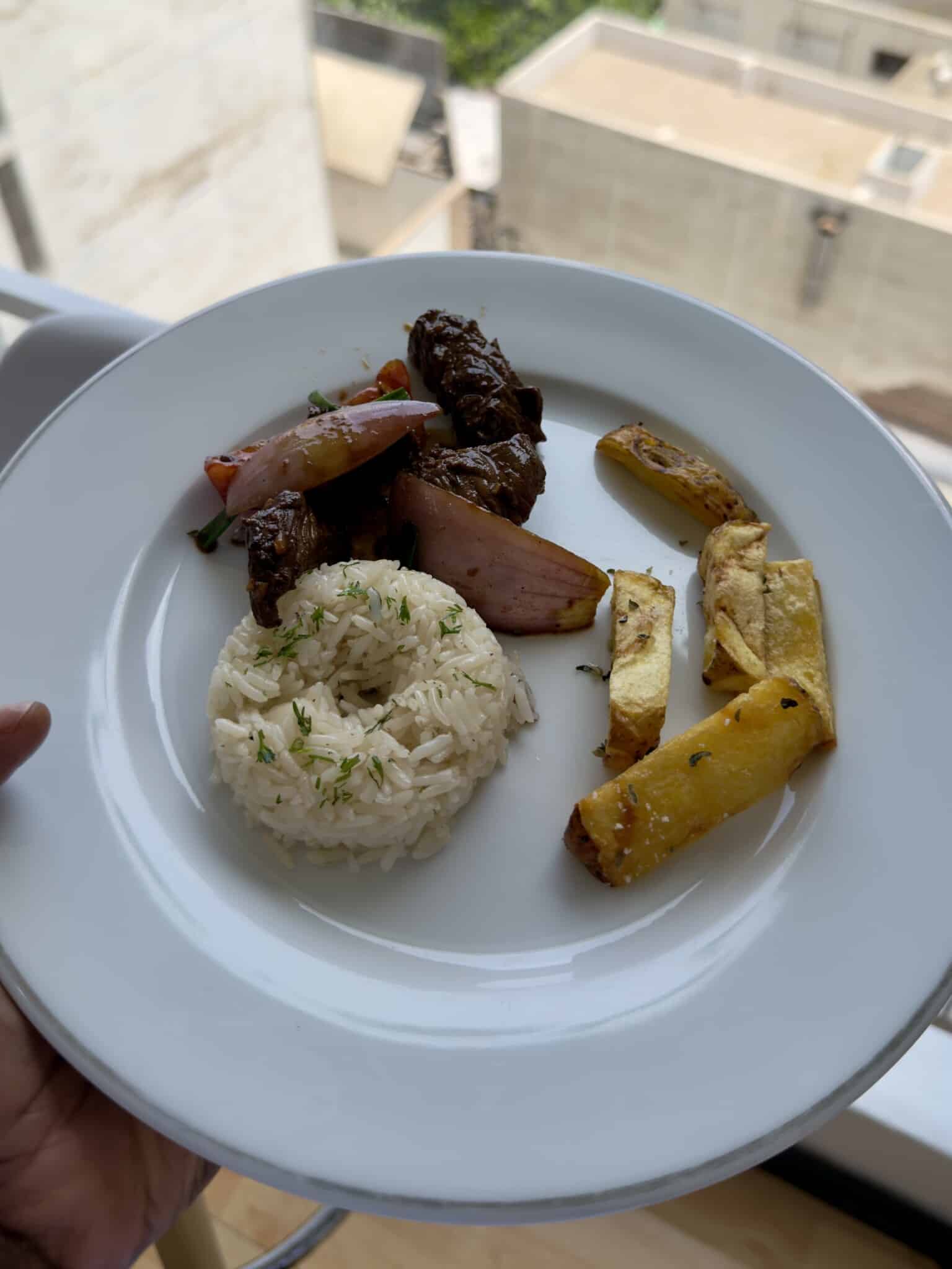 lomo saltado on plate with fries and rice