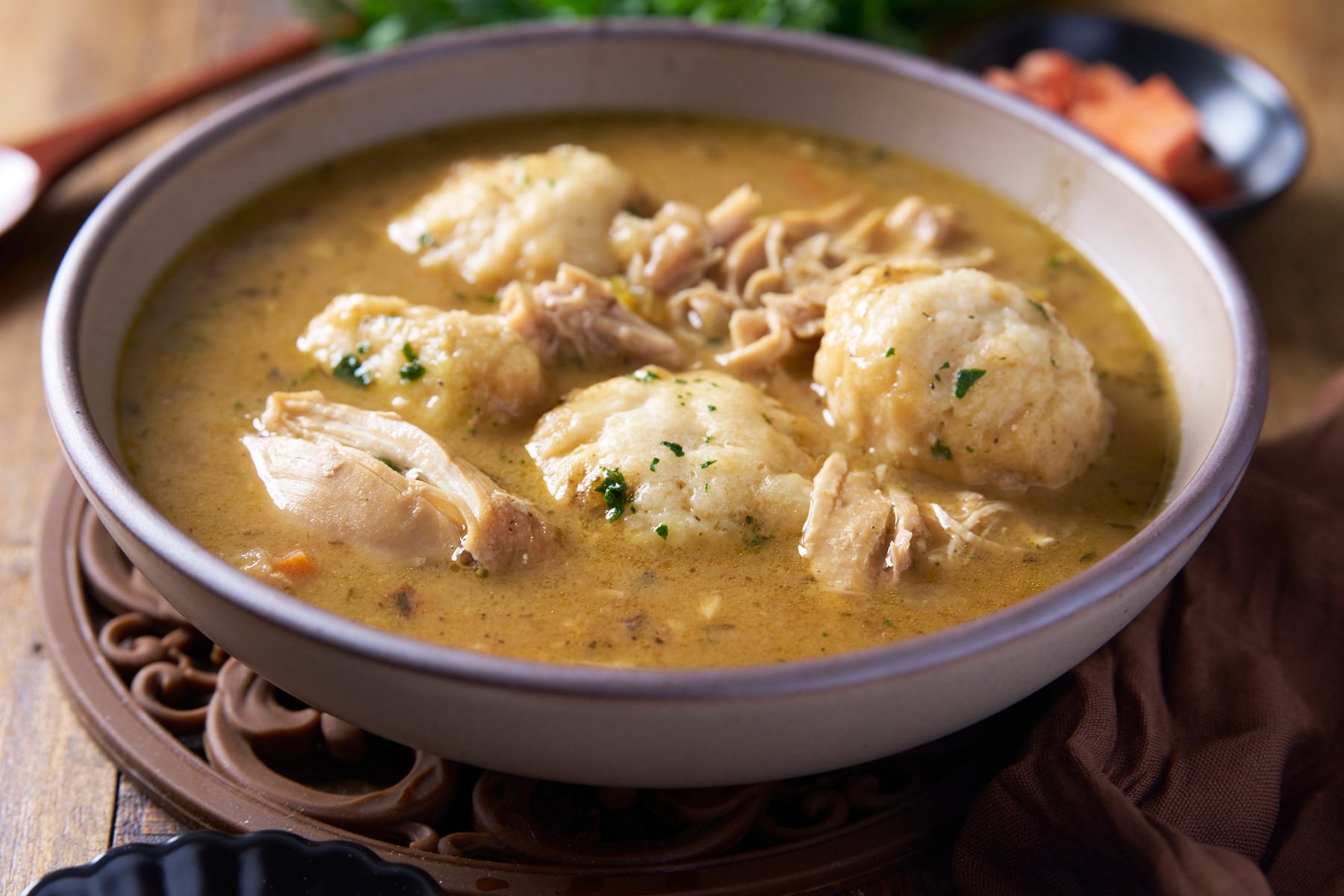 chicken and dumplings in bowl