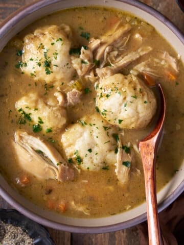 Overhead bowl of chicken and dumplings with a wooden spoon