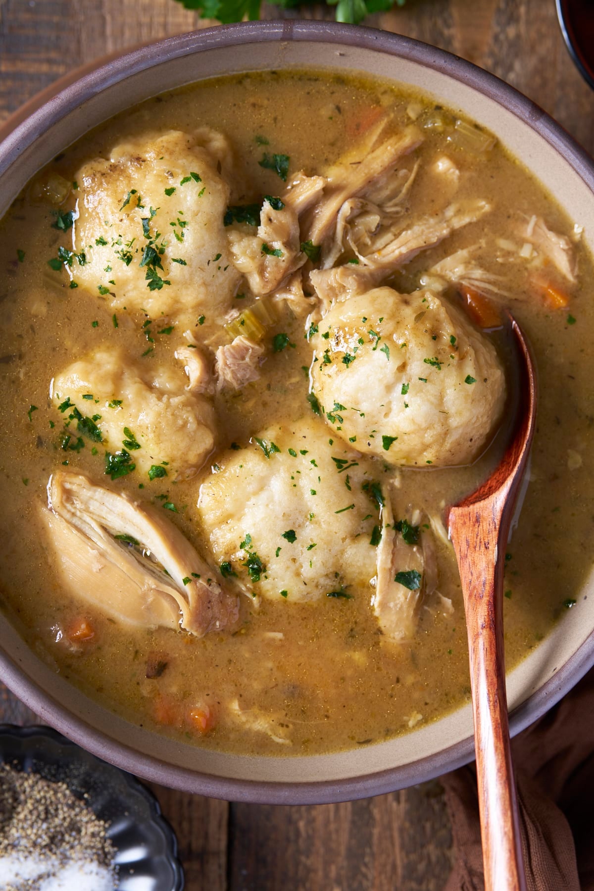 Overhead bowl of chicken and dumplings with a wooden spoon