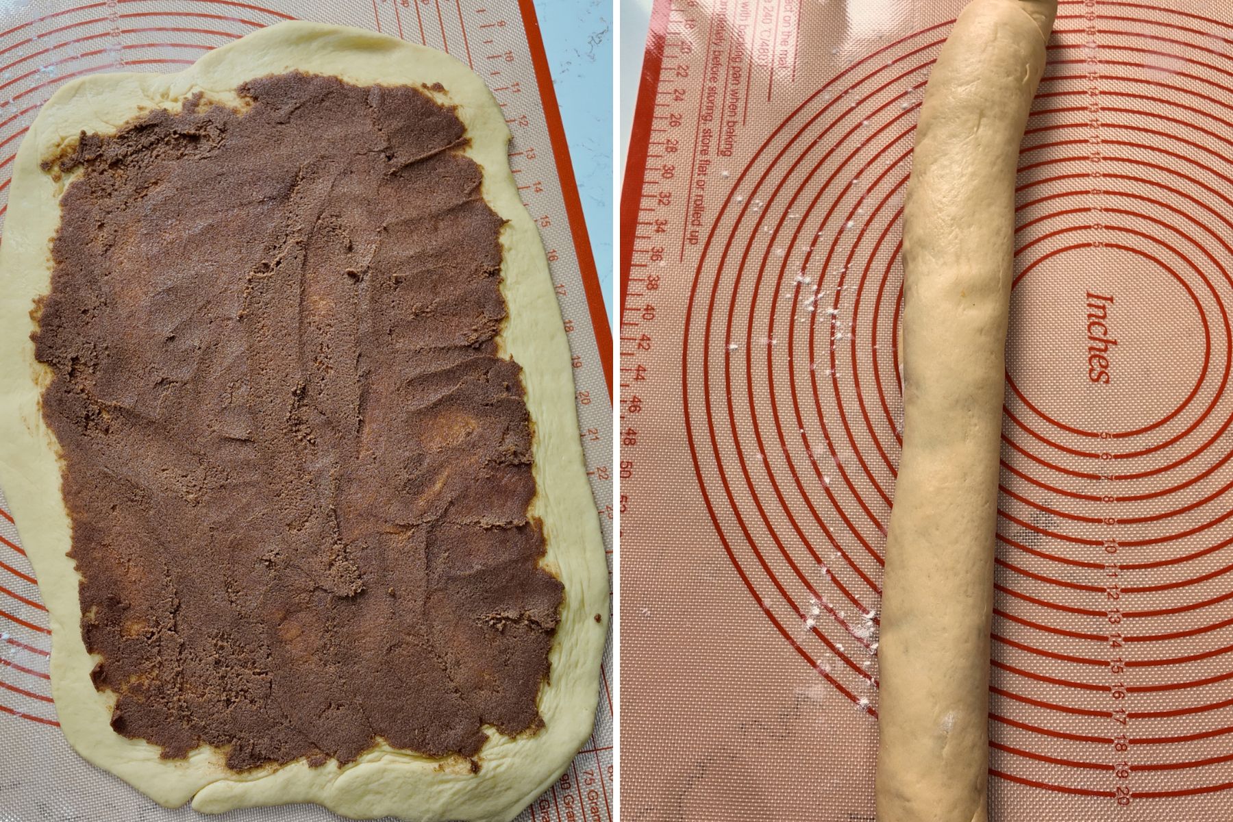 collage of dough with cinnamon sugar butter on the left and rolled-up dough on the right