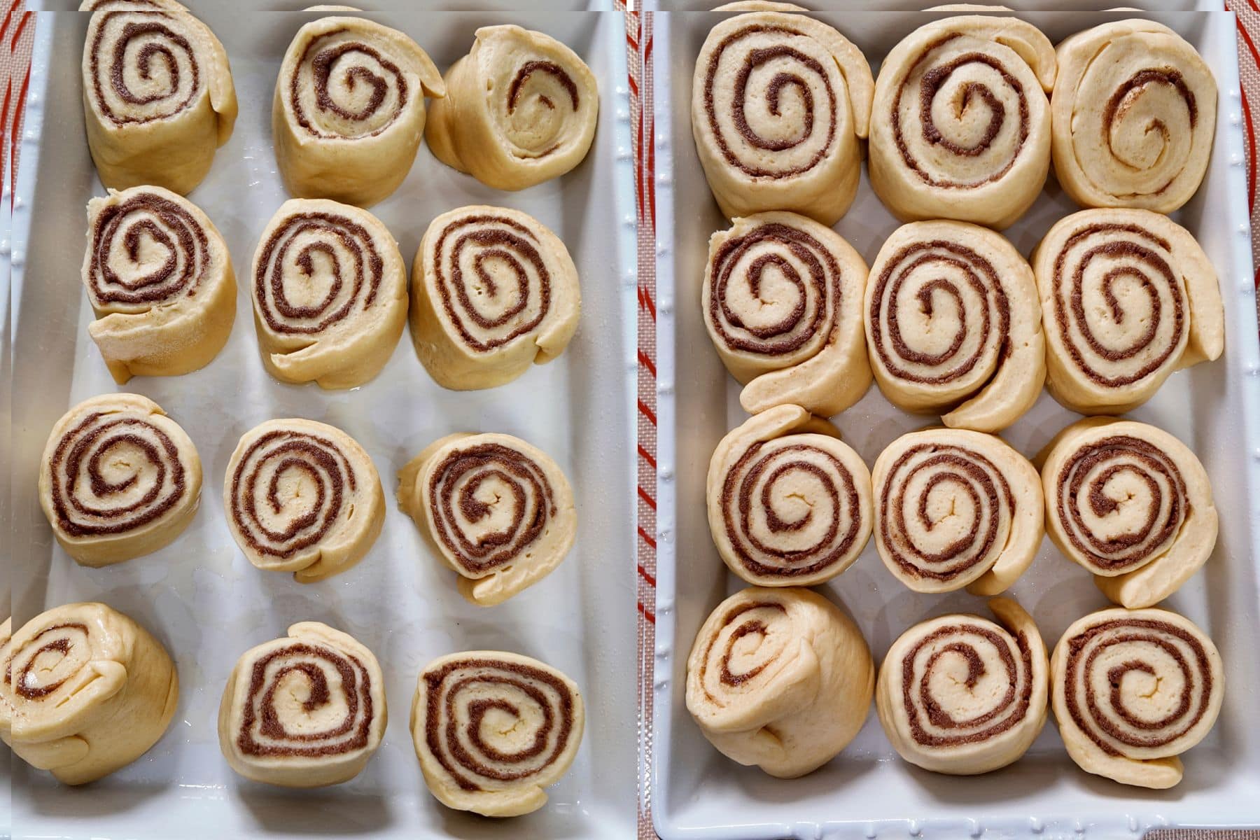 collage of cinnamon roll dough in pan, before 2nd rise and after