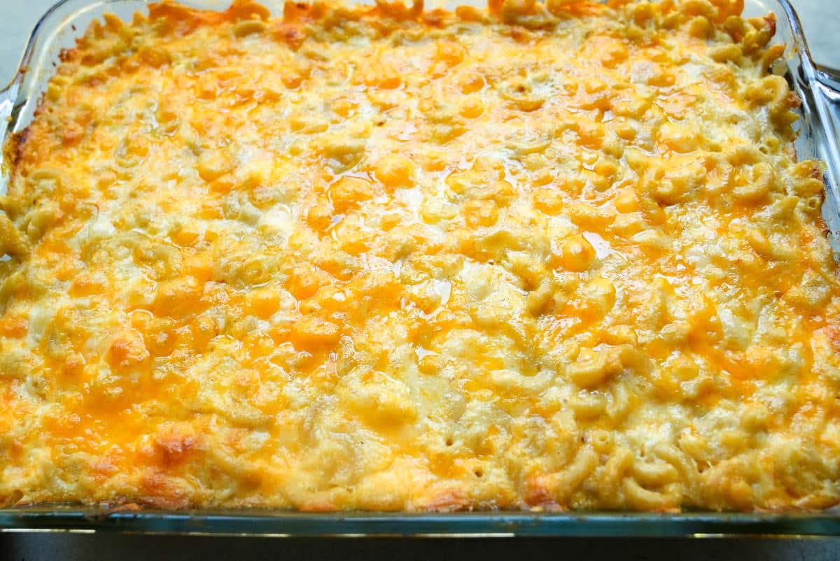 The whole dish of baked mac and cheese, fully baked with a cheesy top.
