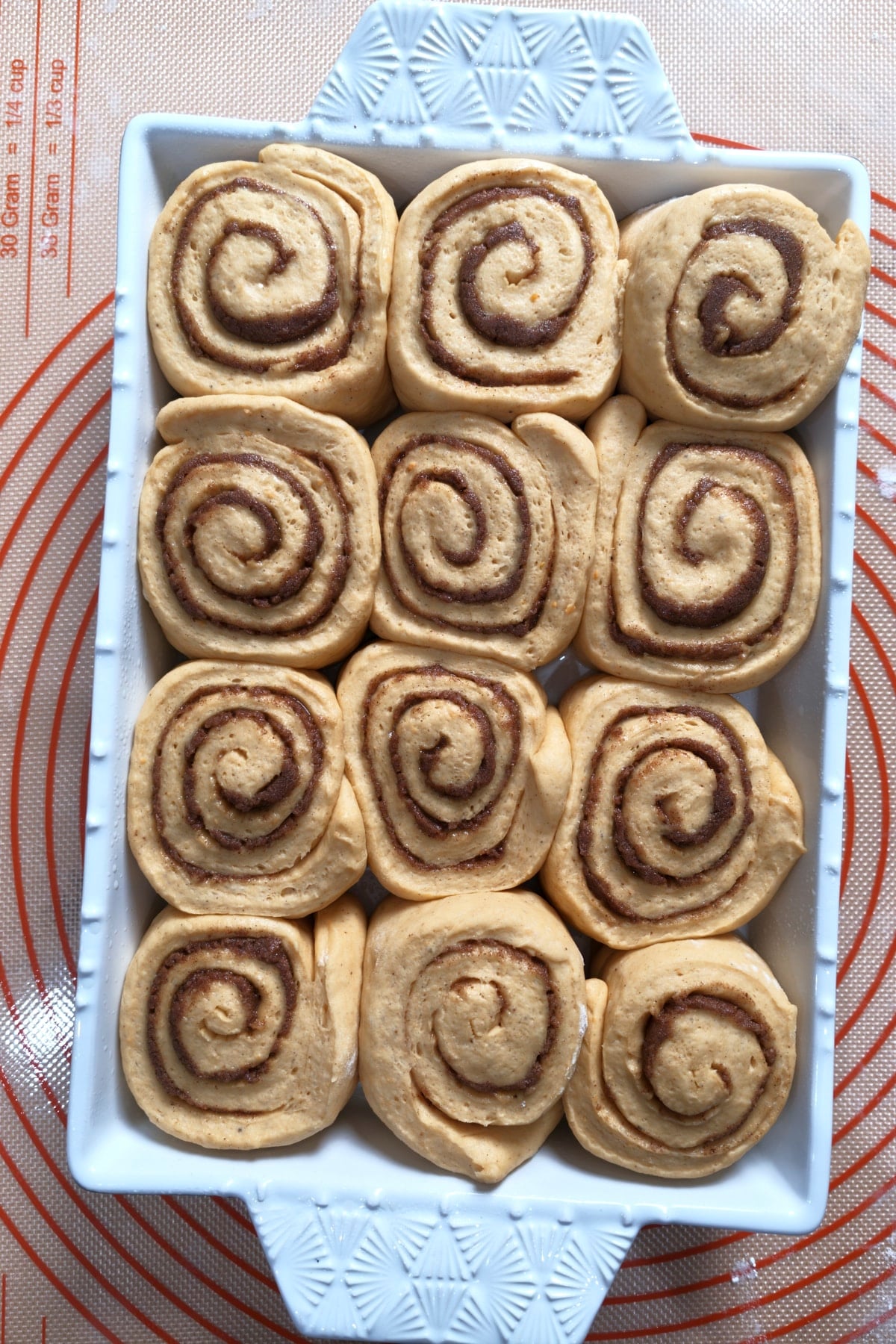 Rolls puffed up and touching each other in the baking dish after the second rise.