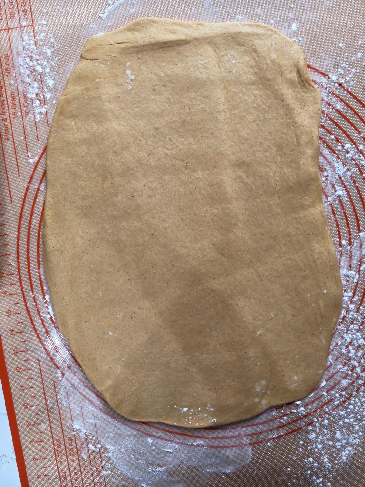 Risen dough rolled out into a large rectangle on a floured mat.