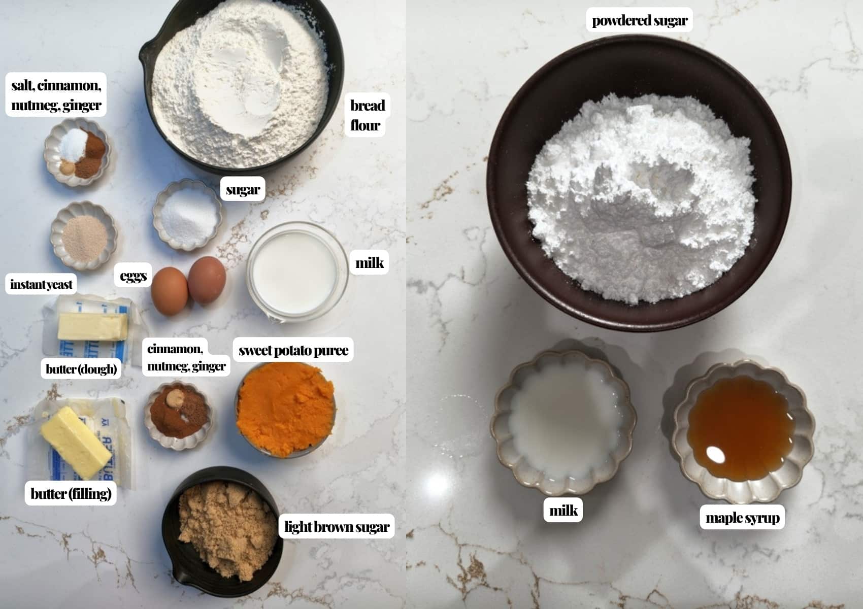 Labeled ingredients for sweet potato cinnamon rolls: bread flour, sugar, instant yeast, salt and spices, eggs, milk, sweet potato puree, butter, and light brown sugar, next to powdered sugar, milk, and maple syrup for the glaze.